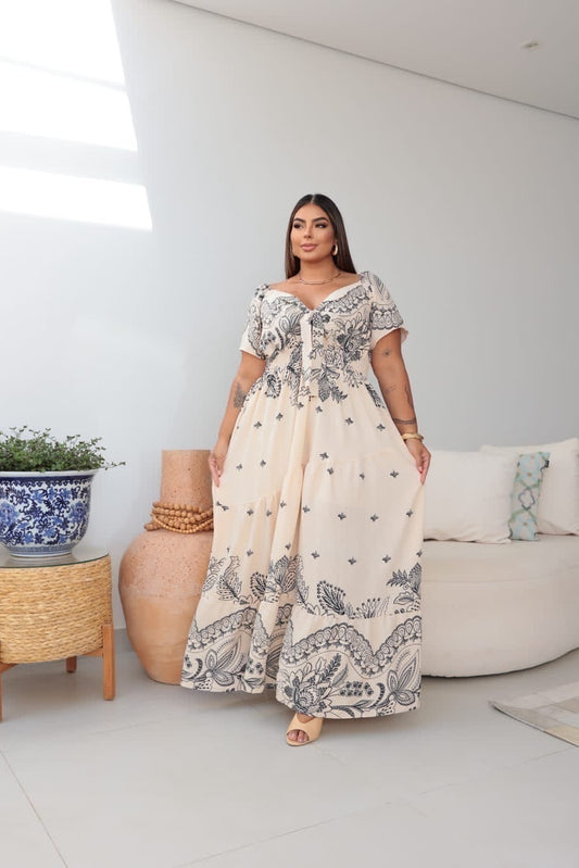 Vestido Plus Size Estampado Longo Turquia